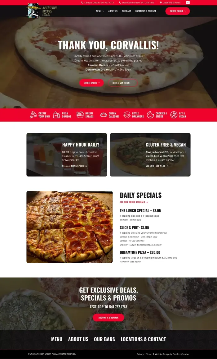 American Dream Pizza website